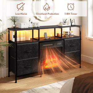 Fireplace TV Stand with Fabric Drawers, LED Lights & Power Outlets