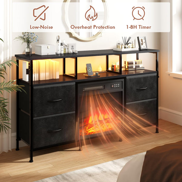 Fireplace TV Stand with Fabric Drawers, LED Lights & Power Outlets