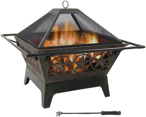 Square Outdoor Wood-Burning Fire Pit with Grill Grate, Spark Screen & Poker
