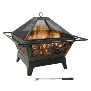 Square Outdoor Wood-Burning Fire Pit with Grill Grate, Spark Screen & Poker