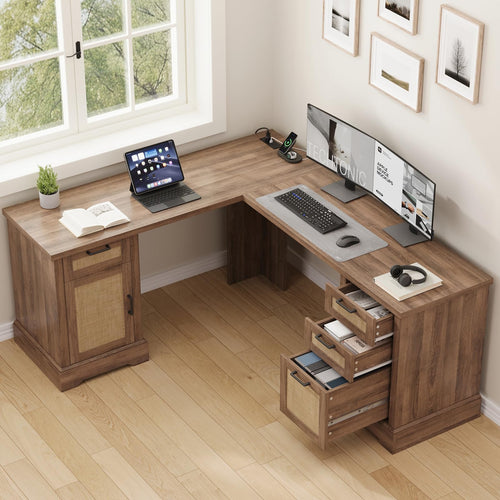 Farmhouse L-Shaped Corner Desk – 3 Drawers, 2 Cabinets & Built-In Power Outlets