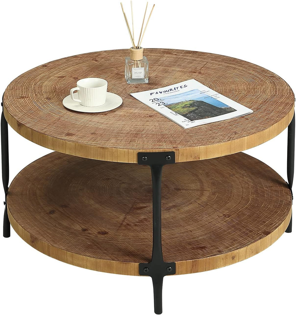 Round 2-Tier Wood Coffee Table | 29.1" Boho Farmhouse