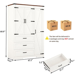 70" Farmhouse Wardrobe Closet with 3 Doors & 3 Drawers