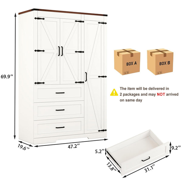 70" Farmhouse Wardrobe Closet with 3 Doors & 3 Drawers