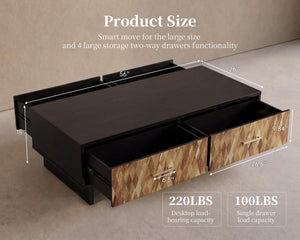 56" Storage Coffee Table with 4 Drawers | Solid Wood, Black Oak