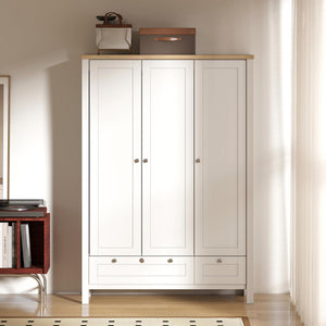 3-Door Armoire Wardrobe Closet with 2 Drawers and Hanging Rod