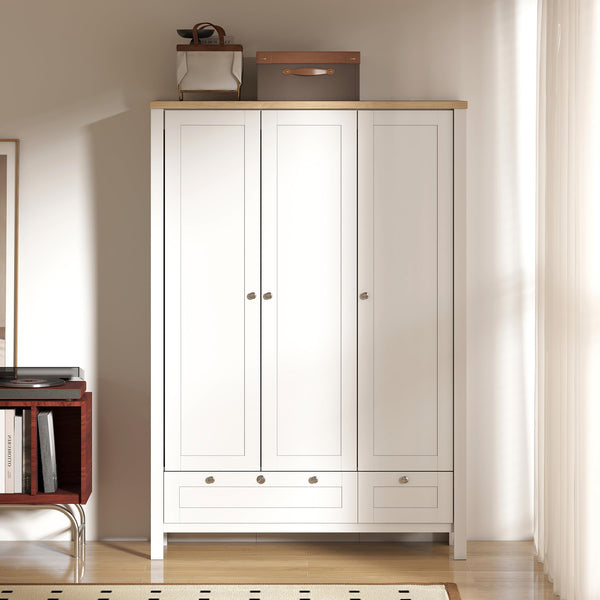 3-Door Armoire Wardrobe Closet with 2 Drawers and Hanging Rod