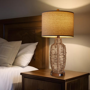 Rattan Table Lamps Set of 2 with USB Port & Dimmable Touch Control
