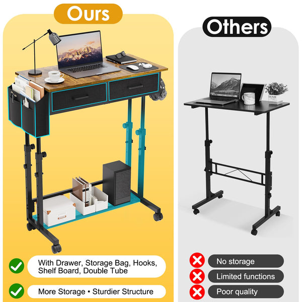 C-Shaped Rolling Standing Desk with Drawers and Storage Shelf