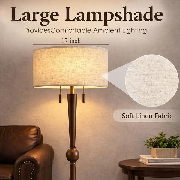 62.8" Solid Wood Floor Lamp with Linen Drum Shade & Pull Chain
