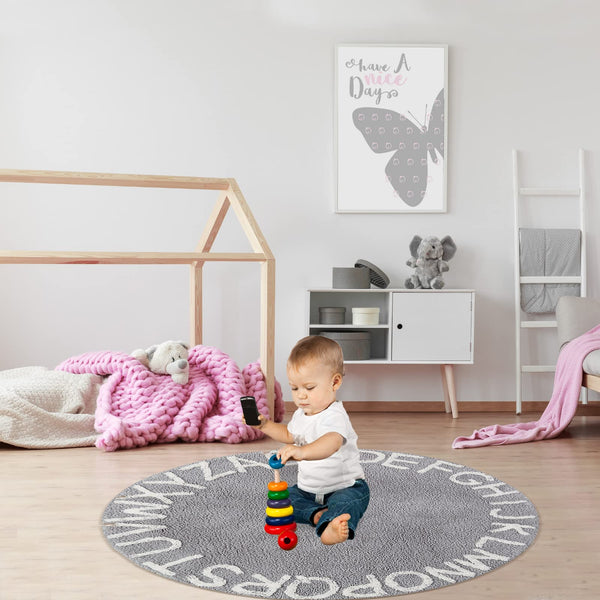 Round Cotton Alphabet Play Rug – 59 Inch, Grey