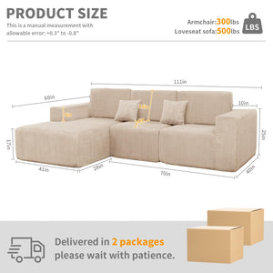 3-Piece Modular Cloud Sectional Sofa – Corduroy, No Assembly Required