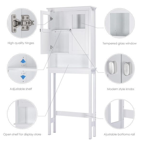 Over-Toilet Bathroom Storage Cabinet with Glass Doors & Adjustable Shelves