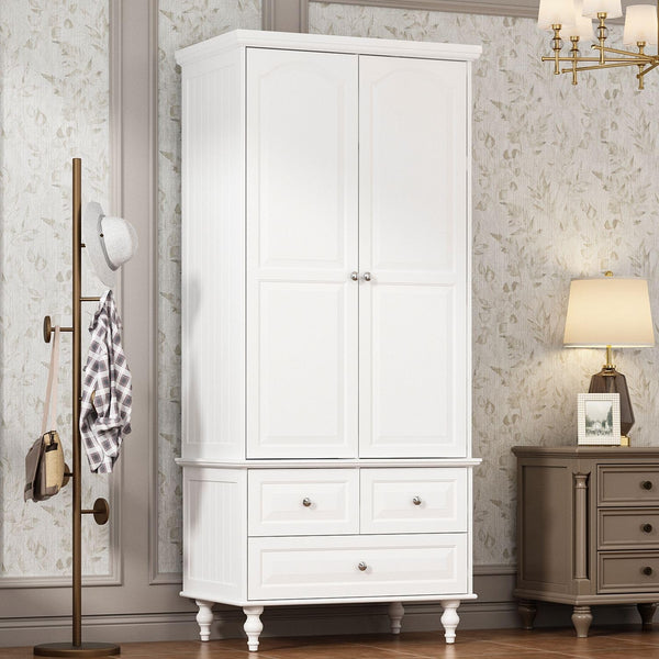2-Door Vintage Armoire Wardrobe with Drawers & Hanging Rod
