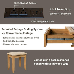 Vanity Desk with Stool, LED Mirror & Power Outlet