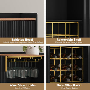 Wine Bar Cabinet with Fluted Panels, Wine Rack & Glass Holder