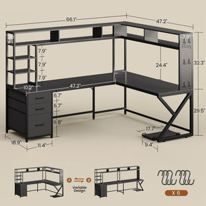 L-Shaped Gaming & Computer Desk with Storage, LED Lights & Power Outlet