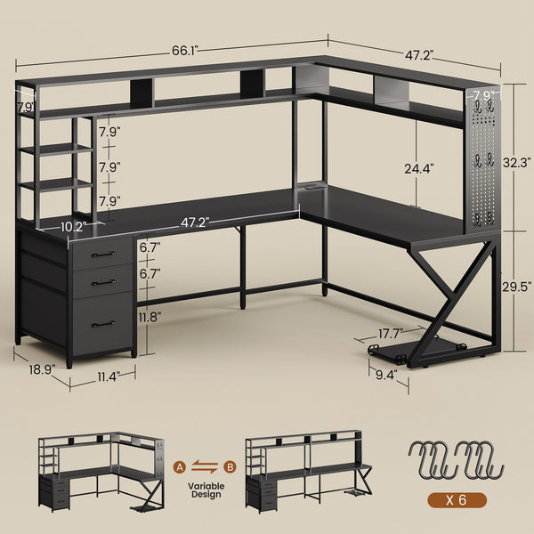 L-Shaped Gaming & Computer Desk with Storage, LED Lights & Power Outlet