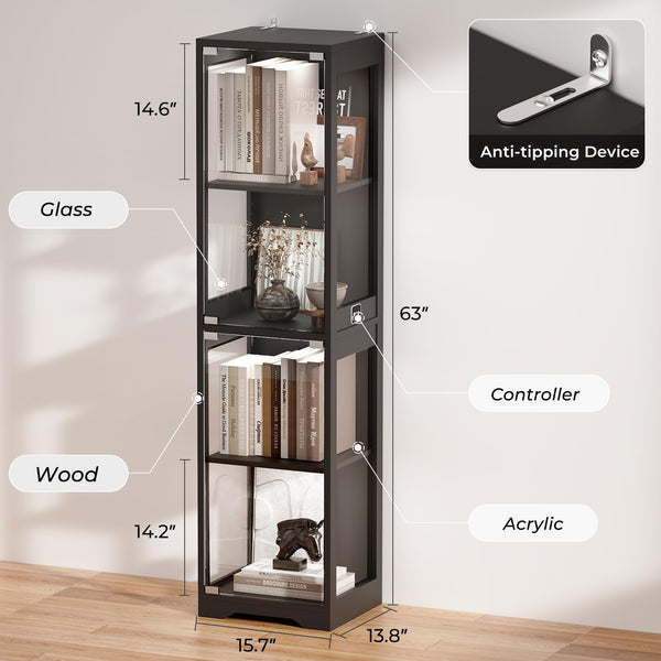 Glass Display Cabinet 4-Tier with LED Lights & Motion Sensor