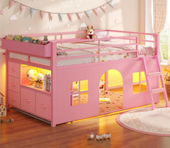 Kids Twin Low Loft Bed with Tent, Drawers & LED Lights