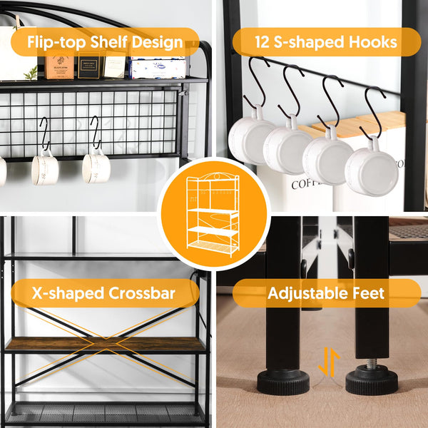 Large Bakers Rack for Kitchen, 40-inch Wide Coffee Bar Station with Power Outlet, 5 Tier Microwave Stand Storage Shelf with S-Shaped Hooks, Metal Frame with Brown Wood Tabletop