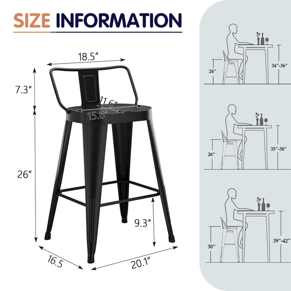 Metal Bar Stools Set of 4 with Back, Indoor Outdoor Counter Height, Matte Black
