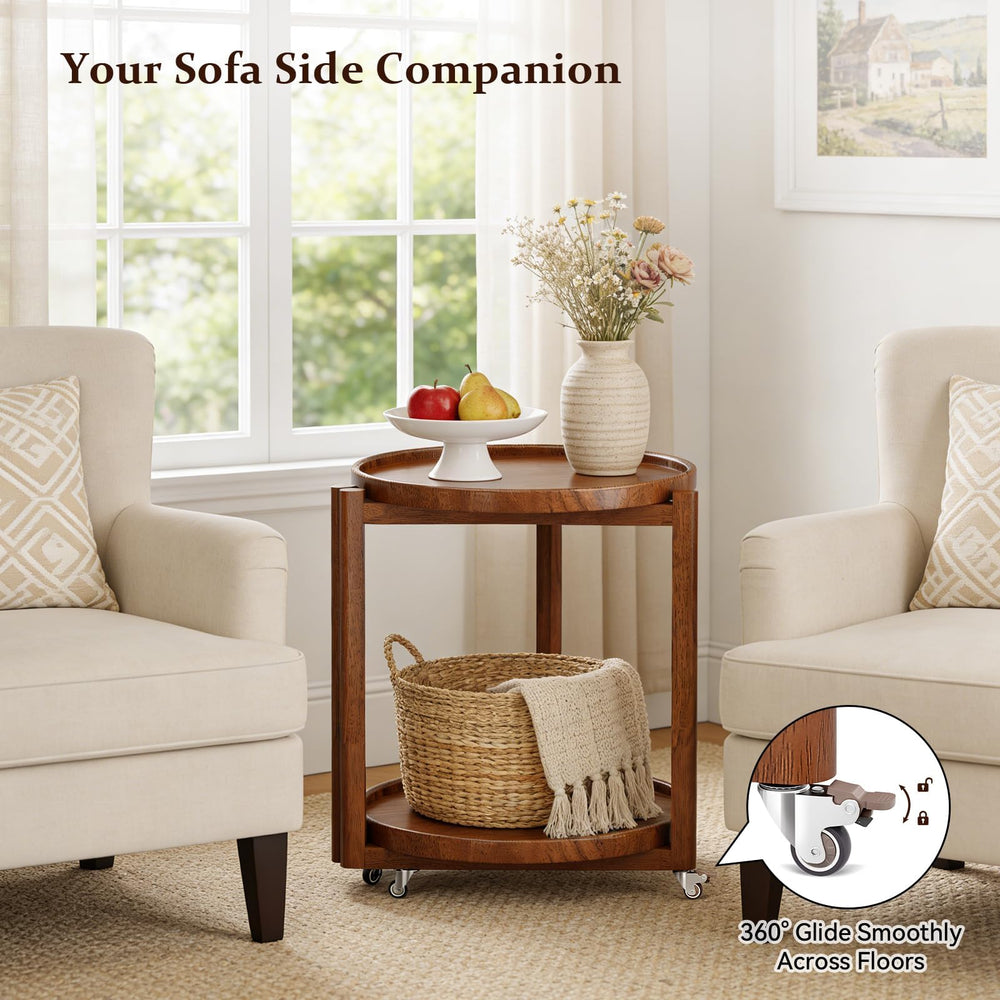 Round Side Table with Wheels & Storage Shelf