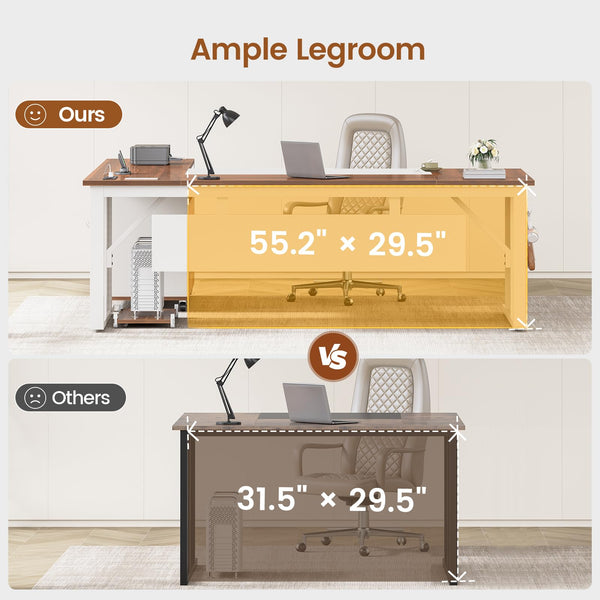 L-Shaped Executive Desk with Rolling File Cabinet & Power Outlets