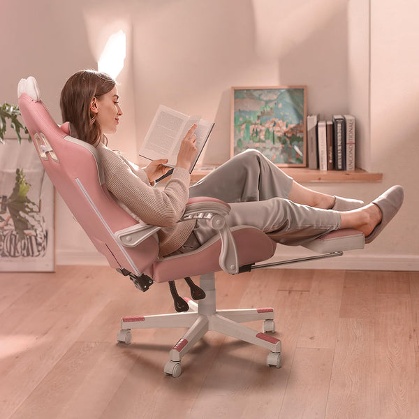 Kawaii Cat Gaming Chair with Footrest & Recliner