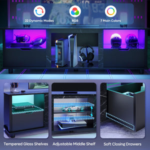 70" Gaming TV Stand with LED Lights, Drawers & Glass Shelves