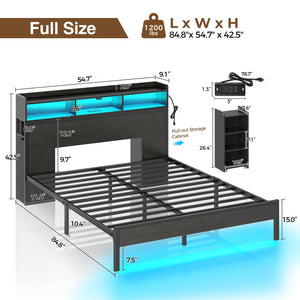 Metal Bed Frame with Storage Headboard, LED Lights & Charging Station