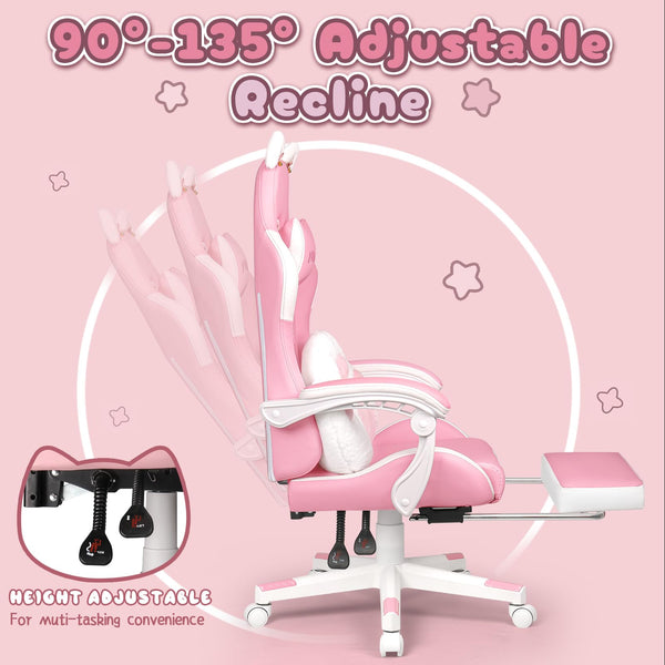 Kawaii Cat Gaming Chair with Footrest & Recliner