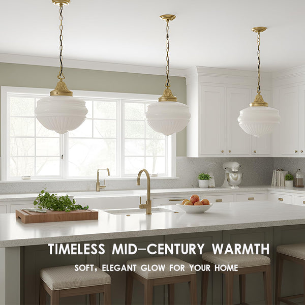 Vintage Milk Glass Pendant Light with Antique Brass Finish – 13.8" Shade, E26