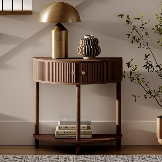 Fluted Half Moon Console Table with Hidden Storage