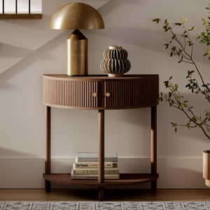 Fluted Half Moon Console Table with Storage Doors