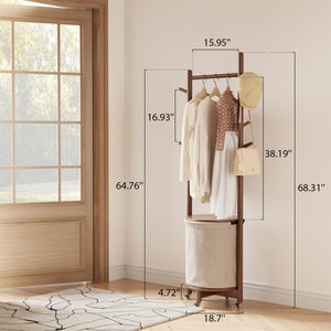 Freestanding Wood Coat Rack with Hooks, Wheels & Fabric Basket