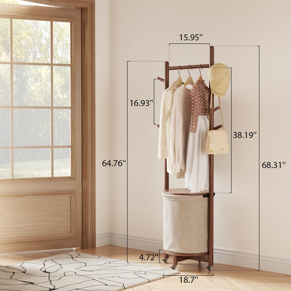 Freestanding Wood Coat Rack with Hooks, Wheels & Fabric Basket