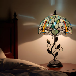 Tiffany Stained Glass Table Lamp with Metal Leaf Base