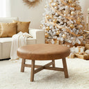 Round Upholstered Ottoman Coffee Table – Mid Century Modern, Leather Top