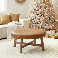 Round Upholstered Ottoman Coffee Table – Mid Century Modern, Leather Top