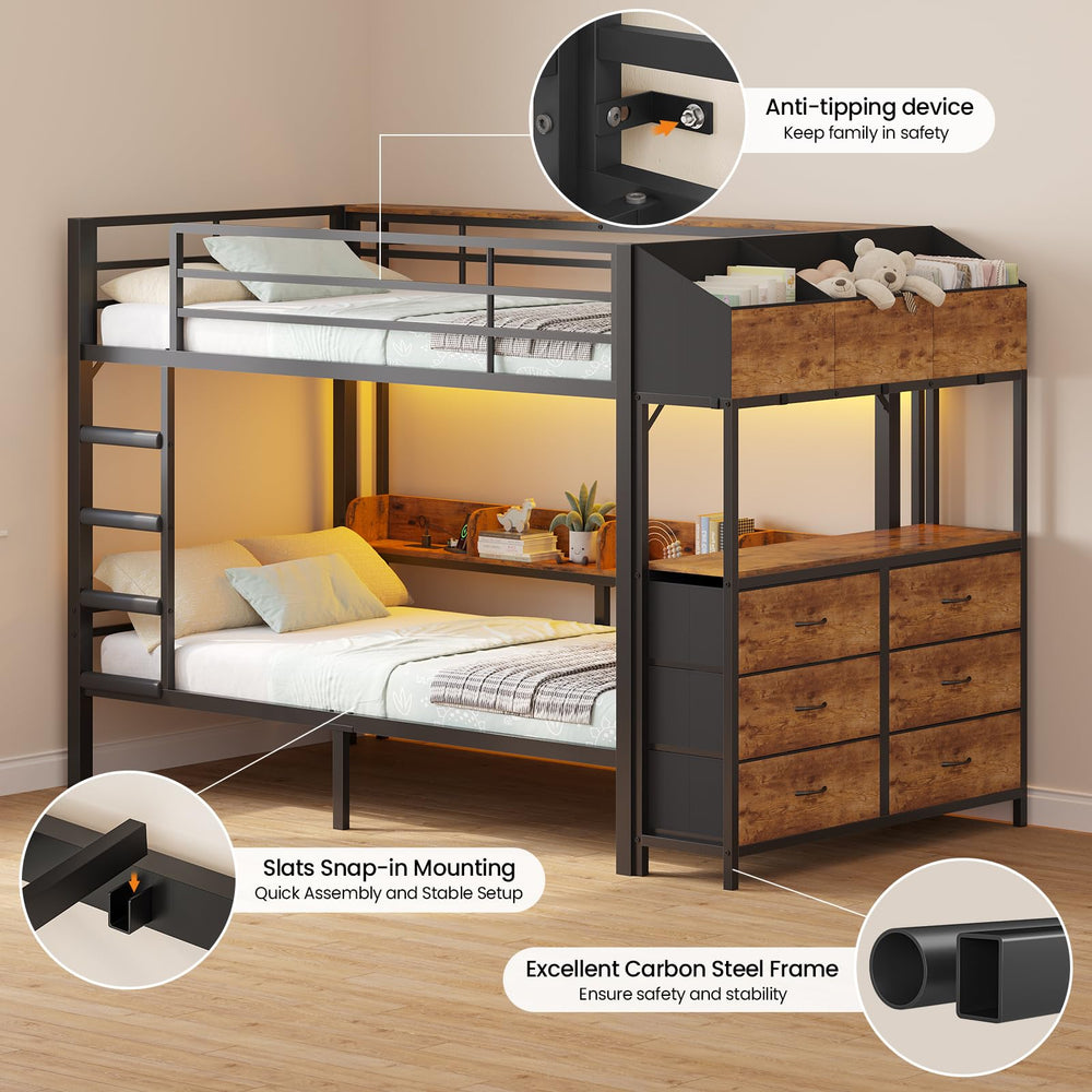 Twin Over Twin Bunk Bed with Storage, LED Lights & Charging Station