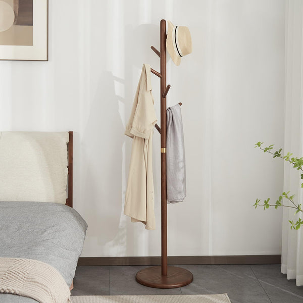 Ash Wood Freestanding Coat Rack with 6 Hooks – Walnut Brown