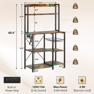 Bakers Rack with Power Outlet, Wire Basket & Coffee Bar