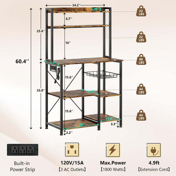 Bakers Rack with Power Outlet, Wire Basket & Coffee Bar