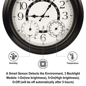18-Inch Outdoor Wall Clock with Thermometer, Hygrometer & Auto Light Sensor
