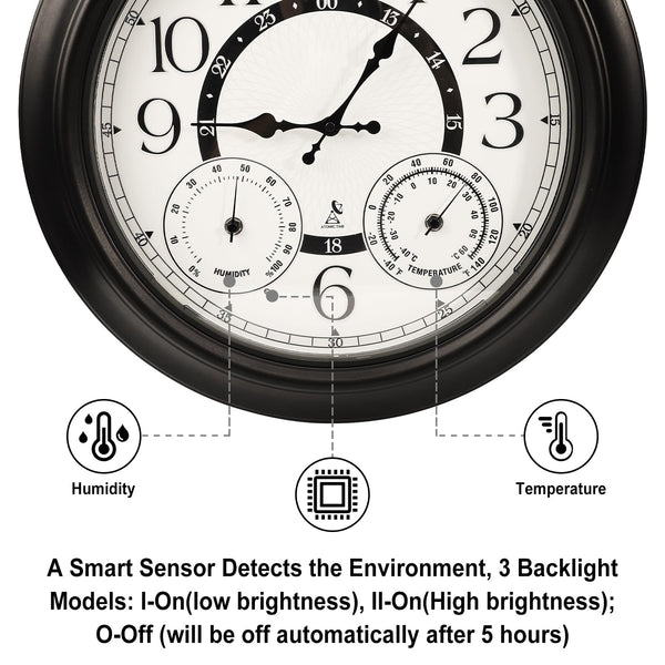 18-Inch Outdoor Wall Clock with Thermometer, Hygrometer & Auto Light Sensor