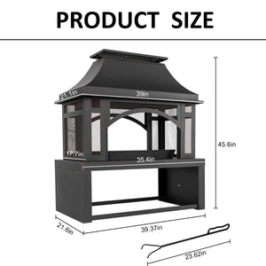 39" Outdoor Wood Burning Fire Pit with Chimney & Wood Storage