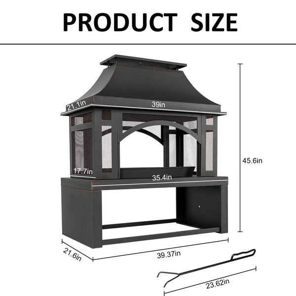 39" Outdoor Wood Burning Fire Pit with Chimney & Wood Storage