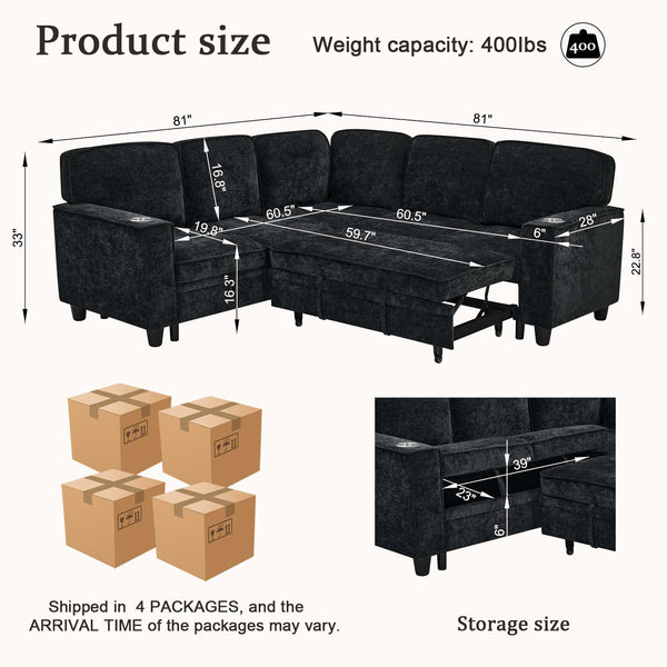 L-Shaped Sectional Sleeper Sofa with Pull-Out Bed & Storage