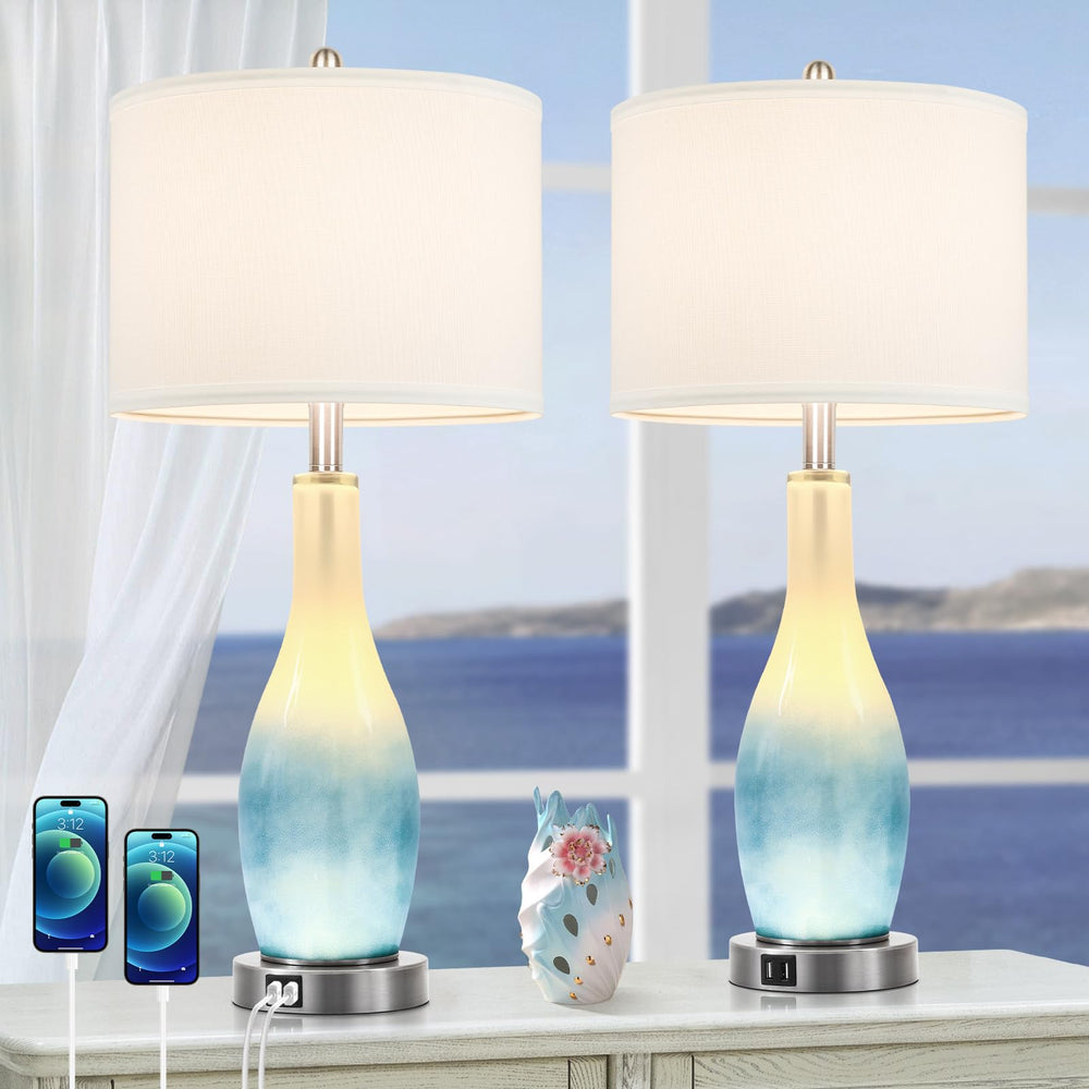 26in Tall Glass Table Lamps Set of 2 with USB Ports & LED Nightlight